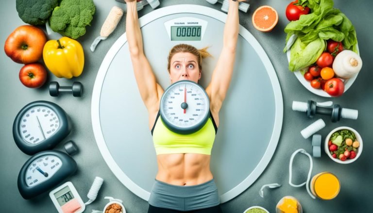 An image of a person standing on a scale with a disappointed expression, surrounded by healthy food and exercise equipment that is untouched and dusty.